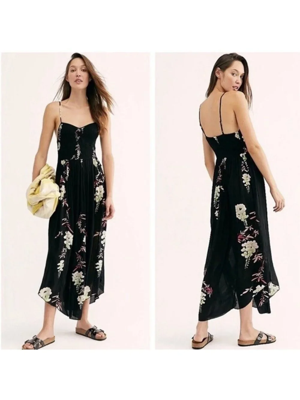 Intimately Free People Beau Smocked Black Floral Maxi Sundress L Boho Beachy Y2K